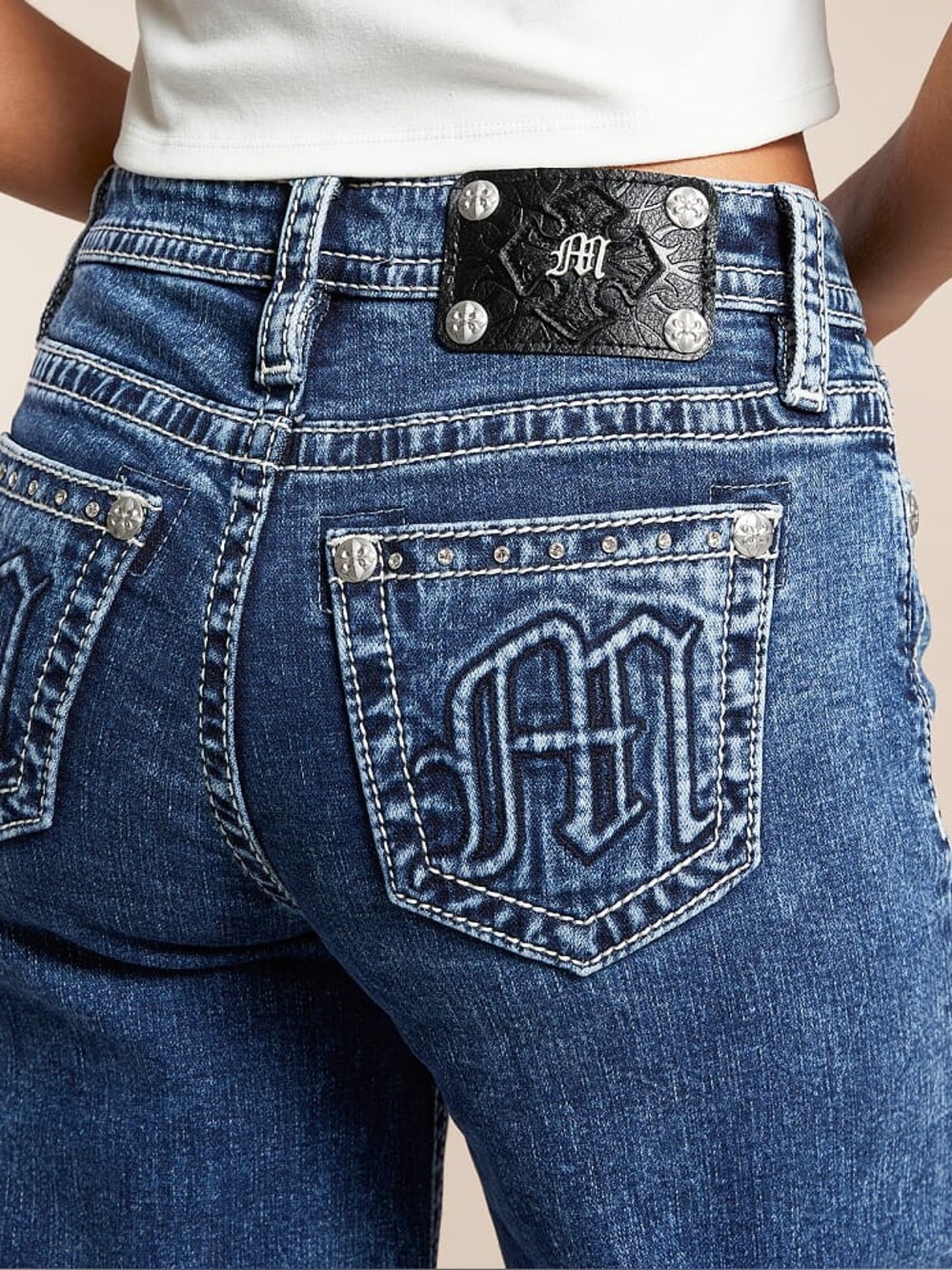 Miss MeEmbroidered Back Pocket Blue Wide Leg Women’s Jeans